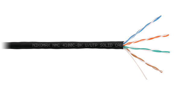 Кабель NIKOMAX U/UTP 4 пары, Кат.5e (Класс D), тест по ISO/IEC, 100МГц, одножильный, BC (чистая медь), 24AWG (0,51мм), полимерный материал нг(А)-HF, внутренний/внешний, черный, 305м - гарантия: 5 лет / 15 лет системная