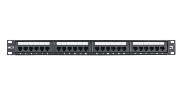 Коммутационная панель NETLAN 19", 1U, 24 порта, Кат.6 (Класс E), 250МГц, RJ45/8P8C, 110/KRONE, T568A/B, неэкранированная, черная