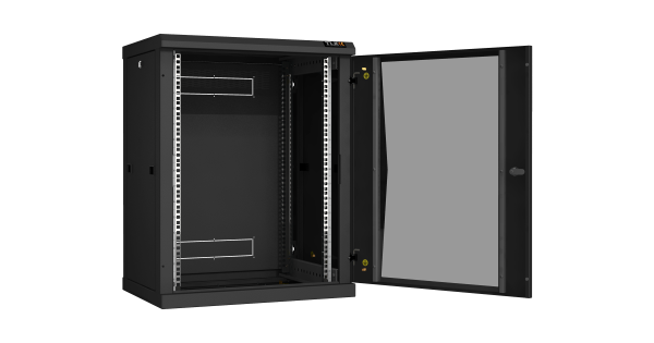Настенный разборный шкаф NIKOMAX 19", 15U, стеклянная дверь, Ш600хВ770хГ450мм, 2 пары монтажных направляющих, черный