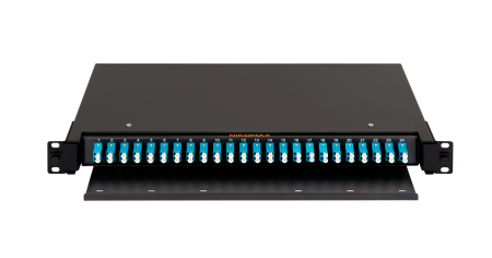 Оптический кросс NIKOMAX 19" Premium Line, 1U, укомплектованный на 48 портов LC/UPC (24 двойных LC/UPC адаптеров), SM 9/125 OS2, выдвижной, с полкой,  черный, в комплекте: адаптеры, монтажные шнуры 1м, сплайс-кассета с крышкой, гильзы