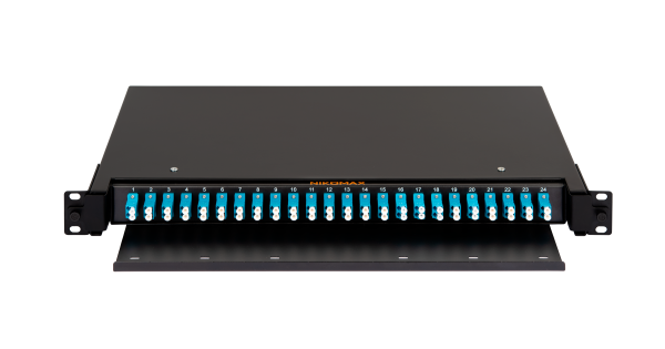 Оптический кросс NIKOMAX 19" Premium Line, 1U, укомплектованный на 48 портов LC/UPC (24 двойных LC/UPC адаптеров), SM 9/125 OS2, выдвижной, с полкой,  черный, в комплекте: адаптеры, монтажные шнуры 1м, сплайс-кассета с крышкой, гильзы
