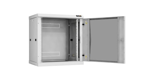 Настенный разборный шкаф NIKOMAX 19", 12U, стеклянная дверь, Ш600хВ636хГ450мм, 2 пары монтажных направляющих, серый