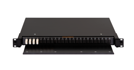 Оптический кросс NIKOMAX 19" Premium Line, 1U, укомплектованный на 8 портов LC/UPC (4 двойных LC/UPC адаптера), MM 50/125 OM2, выдвижной, с полкой,  черный, в комплекте: адаптеры, монтажные шнуры 1м, сплайс-кассета с крышкой, гильзы, заглушки