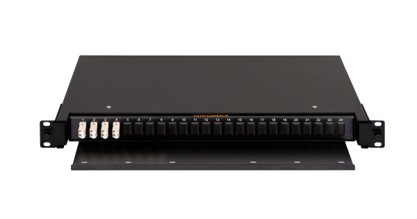 Оптический кросс NIKOMAX 19" Premium Line, 1U, укомплектованный на 8 портов LC/UPC (4 двойных LC/UPC адаптера), MM 50/125 OM2, выдвижной, с полкой,  черный, в комплекте: адаптеры, монтажные шнуры 1м, сплайс-кассета с крышкой, гильзы, заглушки