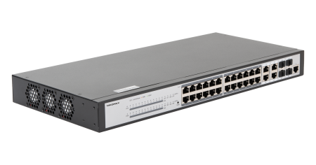 Управляемый L2 PoE коммутатор NIKOMAX 24 Base-T 1000Mb/s портов (802.3af/at), 4 Base-X SFP 1000Mb/s. 1U 19'', 220V, суммарная мощность 400W