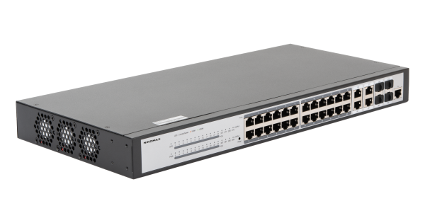 Управляемый L2 PoE коммутатор NIKOMAX 24 Base-T 1000Mb/s портов (802.3af/at), 4 Base-X SFP 1000Mb/s. 1U 19'', 220V, суммарная мощность 400W