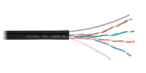 Кабель NIKOMAX U/UTP 4 пары, Кат.5e (Класс D), тест по ISO/IEC, 100МГц, одножильный, BC (чистая медь), 24AWG (0,51мм), полиэтилен, внешний, с многожильным тросом (1,25мм), черный, 500м - гарантия: 3 года