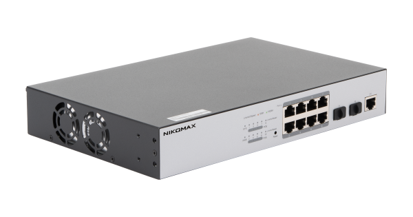 Управляемый L2 PoE коммутатор NIKOMAX 8 Base-T 10/100/1000Mb/s портов, 2 Base-X SFP 1000Mb/s. 1U 19'', 220В, бюджет PoE 130Вт, блок питания 150Вт