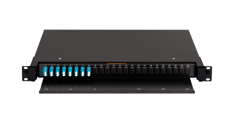 Оптический кросс NIKOMAX 19" Premium Line, 1U, укомплектованный на 16 портов LC/UPC (8 двойных LC/UPC адаптеров), SM 9/125 OS2, выдвижной, с полкой,  черный, в комплекте: адаптеры, монтажные шнуры 1м, сплайс-кассета с крышкой, гильзы, заглушки