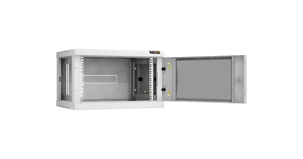 Настенный разборный шкаф NIKOMAX 19", 6U, стеклянная дверь, Ш600хВ370хГ450мм, 2 пары монтажных направляющих, серый