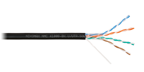 Кабель NIKOMAX U/UTP 4 пары, Кат.5e (Класс D), тест по ISO/IEC, 100МГц, одножильный, BC (чистая медь), 24AWG (0,51мм), полиэтилен, внешний, черный, 305м - гарантия: 3 года