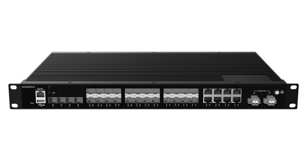 Управляемый промышленный L2+ коммутатор NIKOMAX, 16*100/1000Base-X SFP, 8*1G Combo SFP/RJ45, 4*1/2.5/10Гбит/с SFP+, Крепление в стойку 19", 2*ввода питания, питание AC 100-240В или DC 36-75В (блок питания поставляется отдельно), USB, -40С +80С