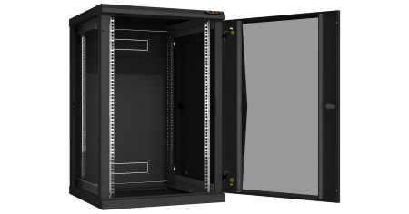 Настенный разборный шкаф TLK 19", 18U, стеклянная дверь, Ш600хВ904хГ600мм, 2 пары монтажных направляющих, черный