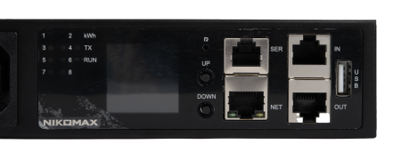 Блок  контролируемых электрических розеток NIKOMAX, SW - Switched, (включение и отключение каждой розетки, измерение общего потребления и отправка показаний через LAN), 19", 8 розеток C13, макс. нагрузка 16 А, шнур питания 2 м., вилка С20, цифровое измере