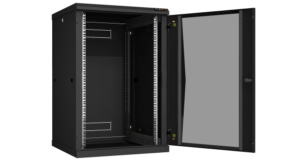 Настенный разборный шкаф NIKOMAX 19", 18U, стеклянная дверь, Ш600хВ904хГ600мм, 2 пары монтажных направляющих, черный