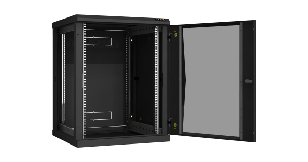 Настенный разборный шкаф NIKOMAX 19", 15U, стеклянная дверь, Ш600хВ770хГ600мм, 2 пары монтажных направляющих, черный