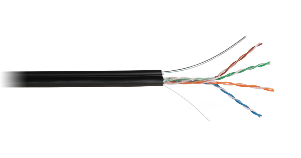Кабель NETLAN U/UTP 4 пары, Кат.5e (Класс D), 100МГц, одножильный, BC (чистая медь), внешний, PE до -40C, с одножильным тросом, черный, 305м