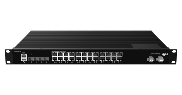 Управляемый промышленный L2+ коммутатор NIKOMAX, 24*10/100/1000Base-T PoE (af/at, 2 порта с поддержкой BT), 4*1/2.5/10G SFP+, Крепление в стойку 19", 2*ввода питания, питание DC 44-57В (блок питания поставляется отдельно), USB, -40С +75С