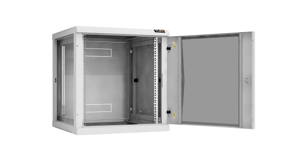 Настенный разборный шкаф NIKOMAX 19", 12U, стеклянная дверь, Ш600хВ636хГ600мм, 2 пары монтажных направляющих, серый