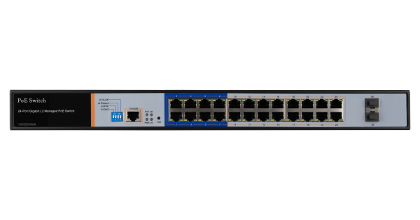 Управляемый L2 PoE коммутатор NIKOMAX, 24 PoE (802.3af/at) портов 10/100/1000Мбит/с 8 до 250 метров cat.6, 2*SFP 1000Мбит/с, 400Вт APO&R