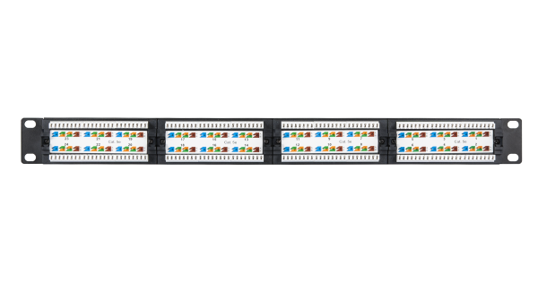 Коммутационная панель NETLAN 19", 1U, 24 порта, Кат.5e (Класс D), 100МГц, RJ45/8P8C, 110/KRONE, T568A/B, неэкранированная, черная