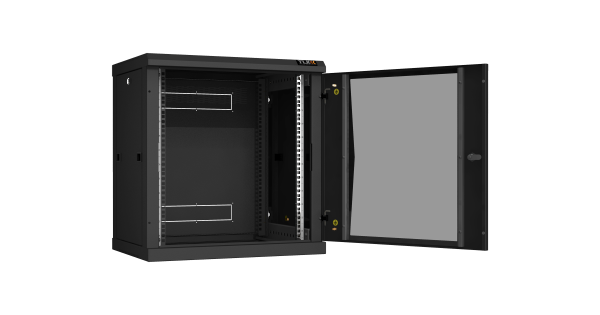 Настенный разборный шкаф NIKOMAX 19", 12U, стеклянная дверь, Ш600хВ636хГ450мм, 2 пары монтажных направляющих, черный