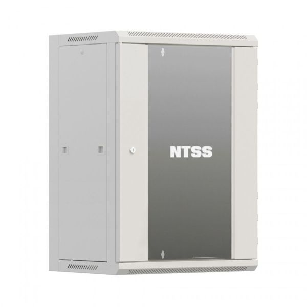 Шкаф настенный телекоммуникационный NTSS W 12U 600х450х635мм, 2 профиля 19, дверь стеклянная, боковые стенки съемные, задняя стенка, разобранный, серы