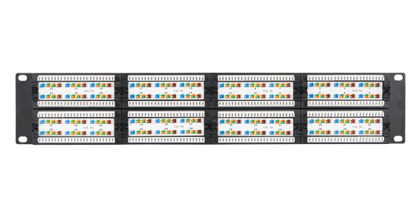 Коммутационная панель NETLAN 19", 2U, 48 портов, Кат.5e (Класс D), 100МГц, RJ45/8P8C, 110/KRONE, T568A/B, неэкранированная, черная