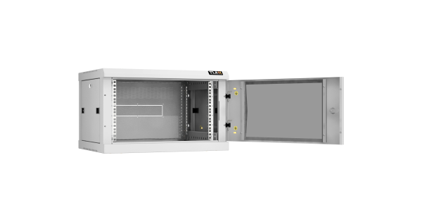 Настенный разборный шкаф NIKOMAX 19", 6U, стеклянная дверь, Ш600хВ370хГ450мм, 2 пары монтажных направляющих, серый