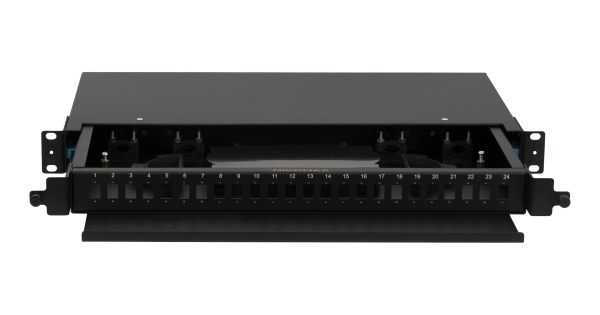 Оптический кросс NIKOMAX 19" Premium Line, 1U, укомплектованный на 48 портов LC/UPC (24 двойных LC/UPC адаптеров), MM 50/125 OM2, выдвижной, с полкой,  черный, в комплекте: адаптеры, монтажные шнуры 1м, сплайс-кассета с крышкой, гильзы