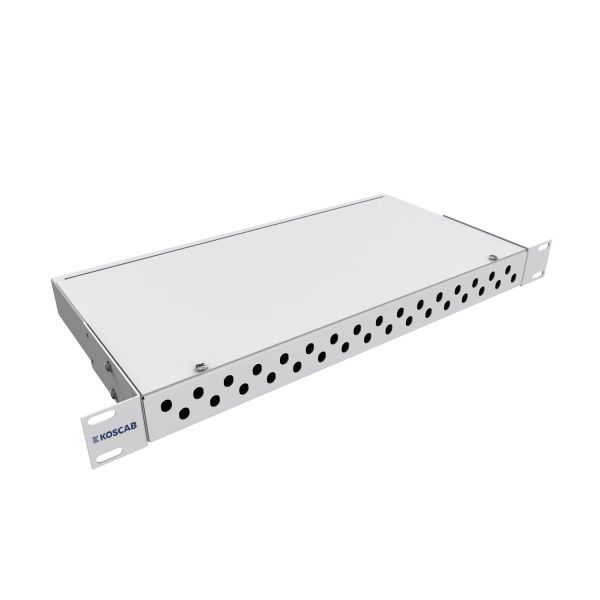 Кросс KOSCAB оптический 19'' укомплектованный 1U, 32 порта FC/UPC, 62.5/125 мкм (сплошная панель, сплайс-кассета, пигтейлы, КДЗС, адаптеры) серый RAL 