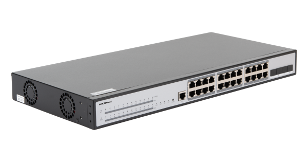 Управляемый коммутатор L3 Stack POE NIKOMAX 24 BASE-TX 10/100/1000Mb/s POE, 4 1/10G SFP+, 1 Console. 1U 19", 220V, 400W