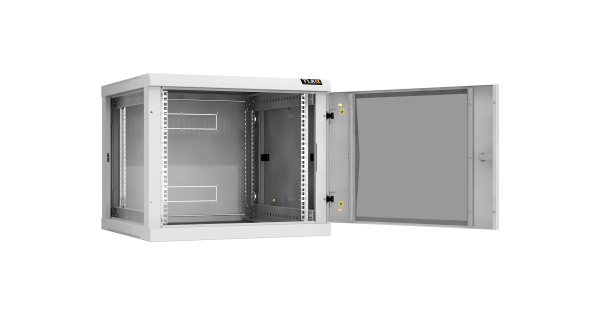 Настенный разборный шкаф NIKOMAX 19", 9U, стеклянная дверь, Ш600хВ503хГ600мм, 2 пары монтажных направляющих, серый
