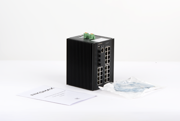 Управляемый промышленный L2+ коммутатор NIKOMAX, 24*10/100/1000Мбит/с PoE (af/at), 4*1/2.5/10Гбит/с SFP+, Крепление на DIN-рейку, 2*ввода питания, питание 44-57В (блок питания 370Вт поставляется отдельно), -40С +70С.