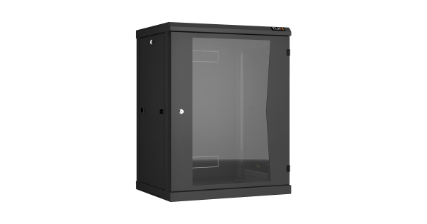 Настенный разборный шкаф NIKOMAX 19", 15U, стеклянная дверь, Ш600хВ770хГ450мм, 2 пары монтажных направляющих, черный