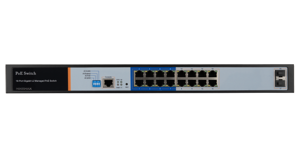 Управляемый L2 PoE коммутатор NIKOMAX, 16 PoE (802.3af/at) портов 10/100/1000Мбит/с 8 до 250 метров cat.6, 2*SFP 1000Мбит/с, 250Вт APO&R