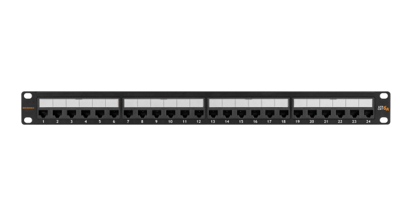 Коммутационная панель NIKOMAX 19", 1U, 24 порта, Кат.6a (Класс Ea), 500МГц, RJ45/8P8C, 110/KRONE, T568A/B, неэкранированная, с органайзером, черная - гарантия: 5 лет расширенная / 25 лет системная