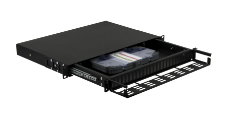 Оптический кросс NIKOMAX 19" Premium Line, 1U, до 48 SC (24 Duplex SC адаптера) порта или 96 LC (24 Quadro LC адаптера) портов, выдвижной, со съёмной полкой, черный