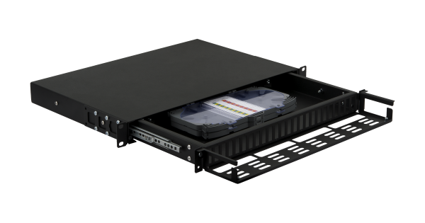 Оптический кросс NIKOMAX 19" Premium Line, 1U, до 48 SC (24 Duplex SC адаптера) порта или 96 LC (24 Quadro LC адаптера) портов, выдвижной, со съёмной полкой, черный
