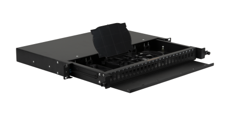 Оптический кросс NIKOMAX 19" Premium Line, 1U, укомплектованный на 24 порта LC/UPC (12 двойных LC/UPC адаптеров), MM 50/125 OM2, выдвижной, с полкой,  черный, в комплекте: адаптеры, монтажные шнуры 1м, сплайс-кассета с крышкой, гильзы, заглушки