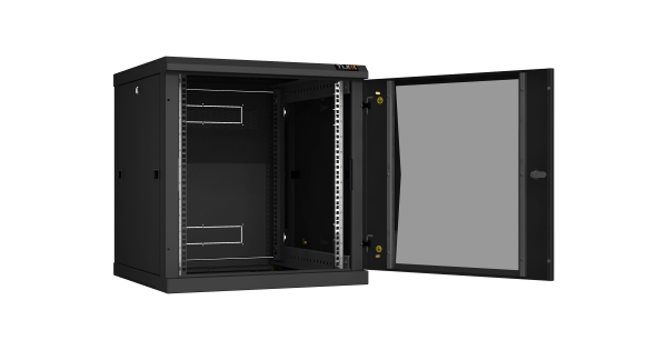 Настенный разборный шкаф NIKOMAX 19", 12U, стеклянная дверь, Ш600хВ636хГ600мм, 2 пары монтажных направляющих, черный
