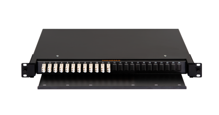 Оптический кросс NIKOMAX 19" Premium Line, 1U, укомплектованный на 24 порта LC/UPC (12 двойных LC/UPC адаптеров), MM 50/125 OM2, выдвижной, с полкой,  черный, в комплекте: адаптеры, монтажные шнуры 1м, сплайс-кассета с крышкой, гильзы, заглушки