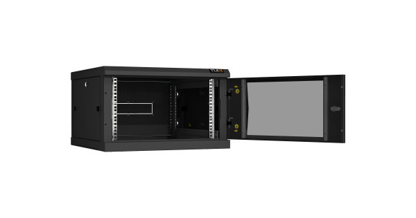 Настенный разборный шкаф NIKOMAX 19", 6U, стеклянная дверь, Ш600хВ370хГ600мм, 2 пары монтажных направляющих, черный