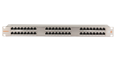 Коммутационная панель NIKOMAX 19", 1U, 48 портов, Кат.6, RJ45/8P8C, 110/KRONE, T568A/B, полный экран, с органайзером, металлик, гарантия: 5 лет расширенная / 25 лет системная