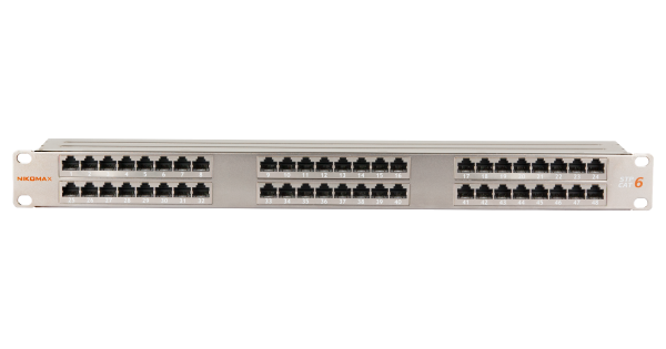 Коммутационная панель NIKOMAX 19", 1U, 48 портов, Кат.6, RJ45/8P8C, 110/KRONE, T568A/B, полный экран, с органайзером, металлик, гарантия: 5 лет расширенная / 25 лет системная