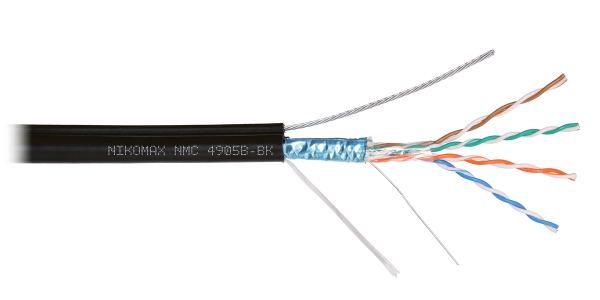 Кабель NIKOMAX F/UTP 4 пары, Кат.5e (Класс D), тест по ISO/IEC, 100МГц, одножильный, BC (чистая медь), 24AWG (0,51мм), полиэтилен, внешний, с многожильным тросом (1,25мм), черный, 500м - гарантия: 3 года
