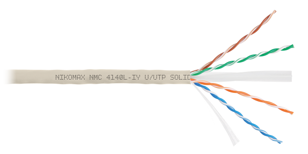 Кабель NIKOMAX U/UTP 4 пары, Кат.6 (Класс E), тест по ISO/IEC, 250МГц, одножильный, BC (чистая медь), 23AWG (0,55мм), полимерный материал нг(А)-LSLTx, внутренний, светло-серый, 305м - гарантия: 5 лет / 15 лет системная