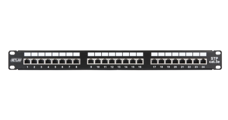Коммутационная панель NETLAN 19", 1U, 24 порта, Кат.5e (Класс D), 100МГц, RJ45/8P8C, 110/KRONE, T568A/B, экранированная, черная