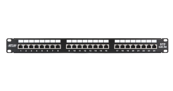 Коммутационная панель NETLAN 19", 1U, 24 порта, Кат.5e (Класс D), 100МГц, RJ45/8P8C, 110/KRONE, T568A/B, экранированная, черная