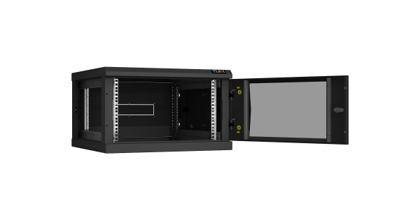 Настенный разборный шкаф NIKOMAX 19", 6U, стеклянная дверь, Ш600хВ370хГ600мм, 2 пары монтажных направляющих, черный